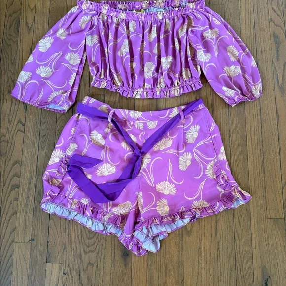 Unique vintage 😃 smiley Off-Shoulder Pink Floral Crop Top & short Set Plus Sz - Picture 3 of 6